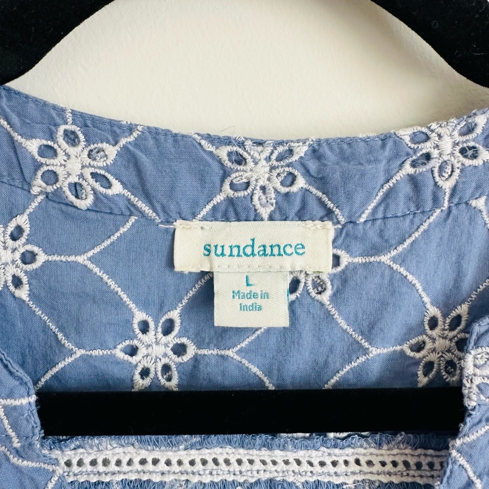 SUNDANCE Blue Eyelet Ruffle-Sleeve Blouse Size L - Picture 4 of 5